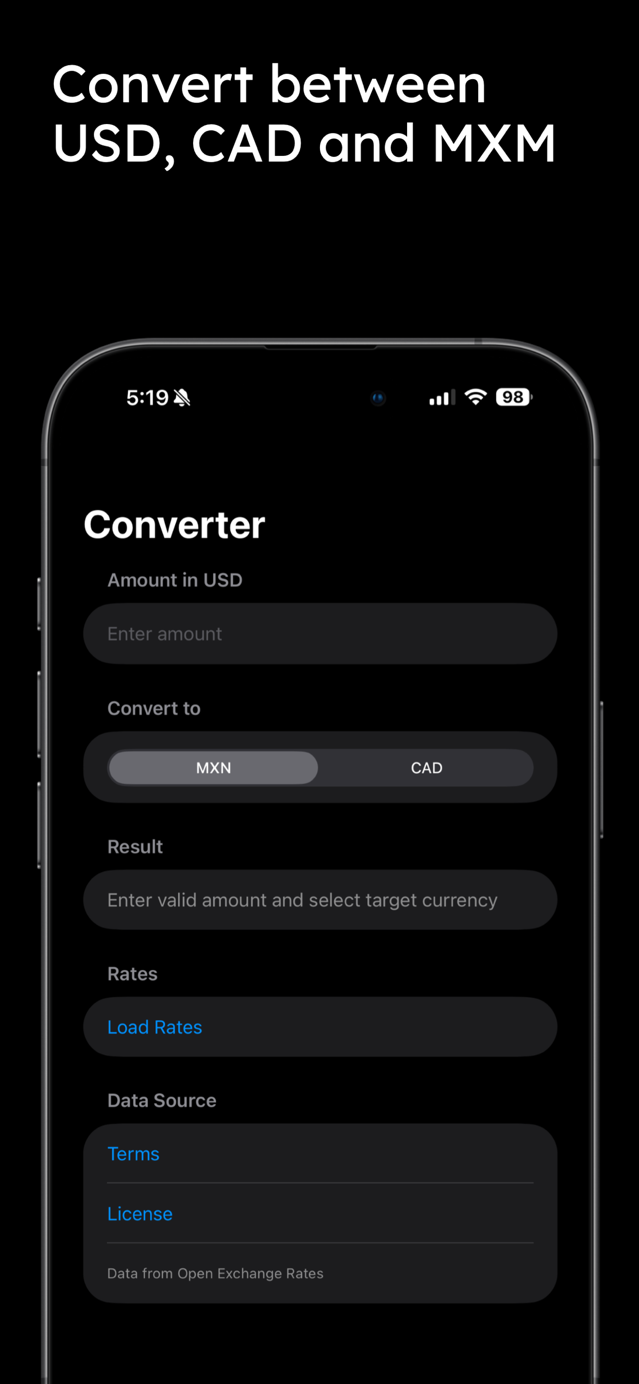 Tip Tracker currency converter screenshot