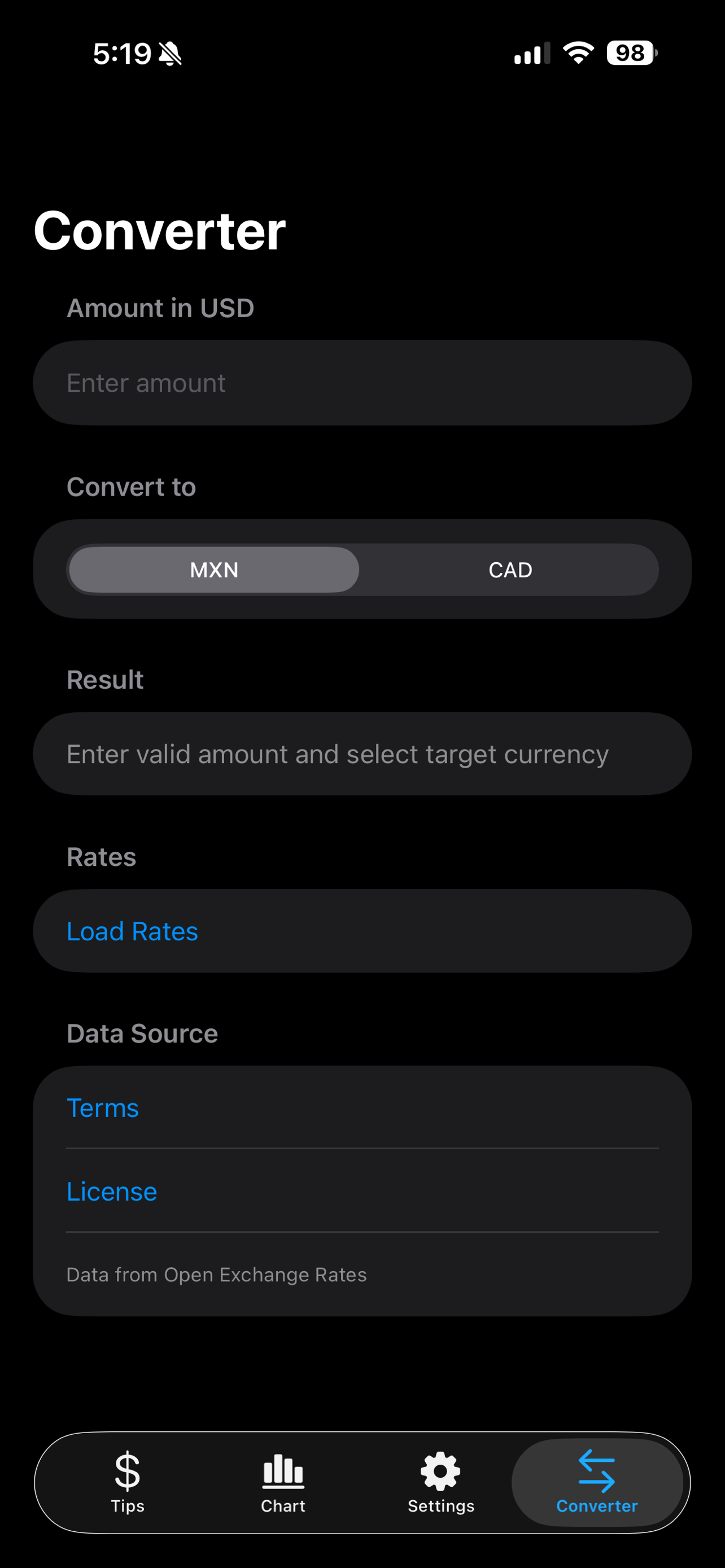Tip Tracker converter tab screenshot