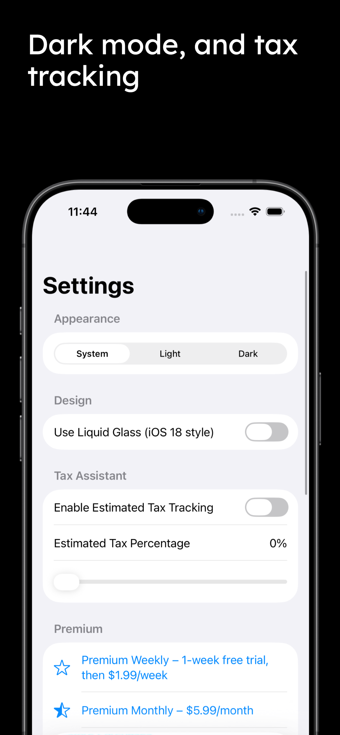 Tip Tracker settings and tax tracking screenshot